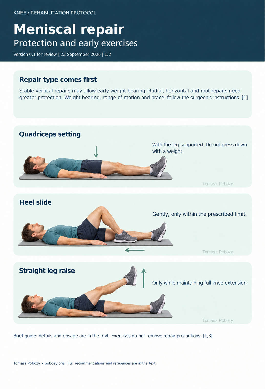 Rehabilitation after meniscal repair: protection of the repair and examples of early exercises. · board 1/3. Medical content prepared by: Tomasz Poboży - orthopaedic surgeon.