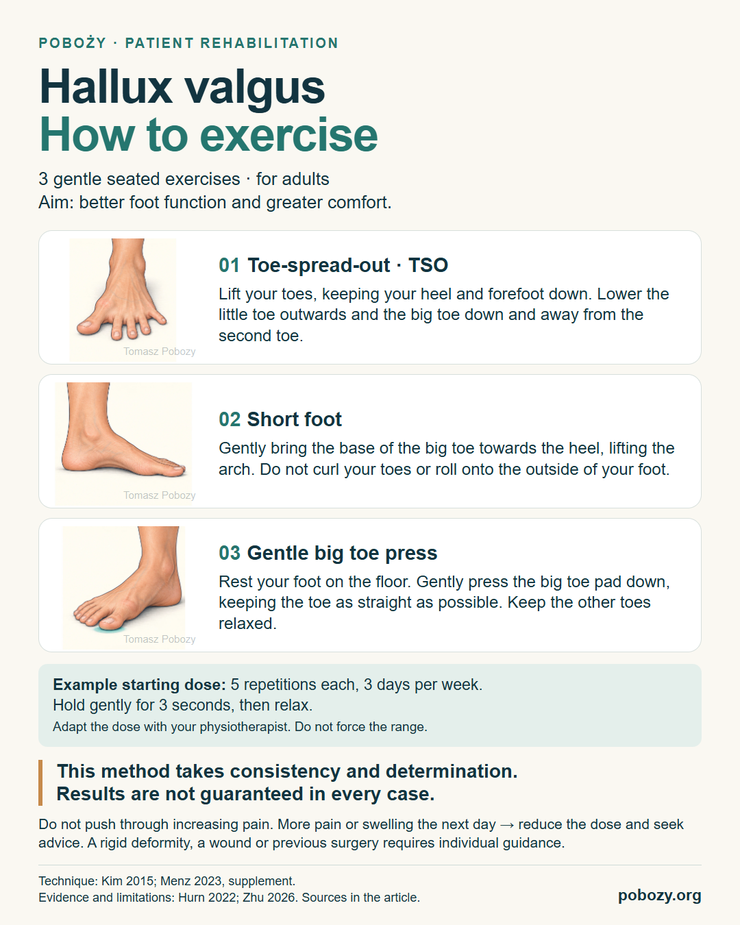 Three seated exercises for hallux valgus: toe-spread-out, short foot and a gentle big toe pad press; example dose and safety advice.