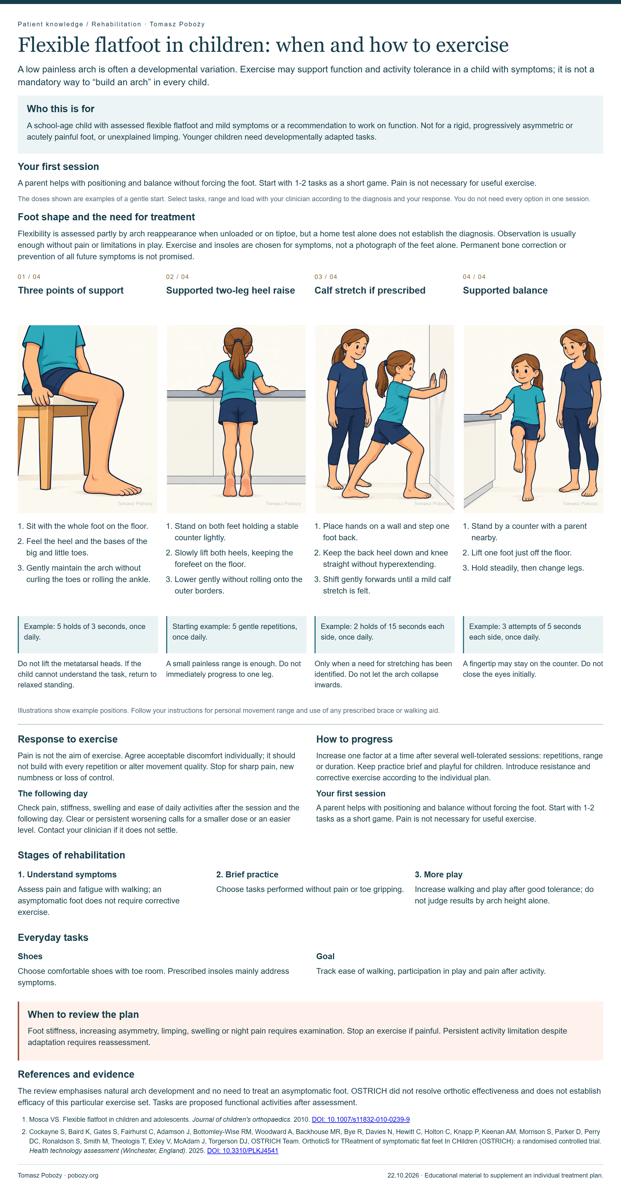 Full illustrated guide for children with flexible flatfoot: three points of support, heel raises, prescribed calf stretch and supported balance.
