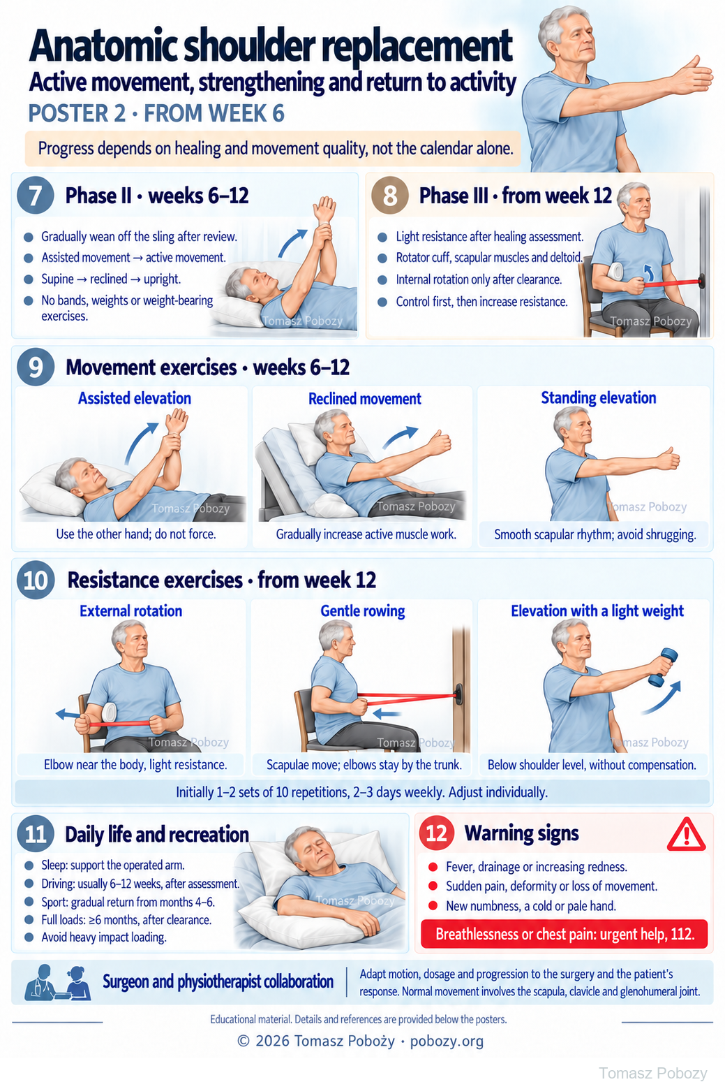 Rehabilitation after anatomic shoulder arthroplasty: assisted and active movement, later strengthening and return to activity. · board 2/2. Prepared by Tomasz Poboży — orthopaedic surgeon.