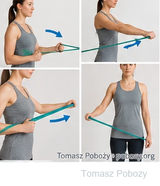 Shoulder exercises with a light resistance band during later rehabilitation after Bankart repair. Prepared by Tomasz Poboży — orthopaedic surgeon.