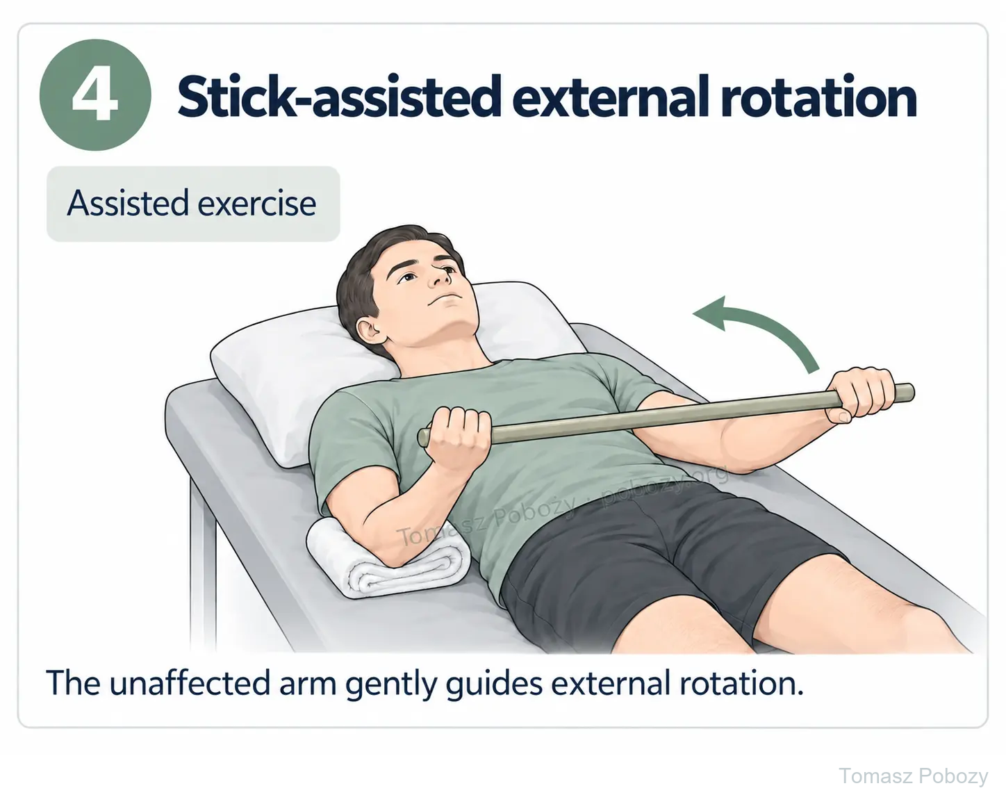 Postoperative rehabilitation: Stick-assisted external rotation with the patient lying on his back and the elbow supported on a towel. Prepared by Tomasz Poboży — orthopaedic surgeon.
