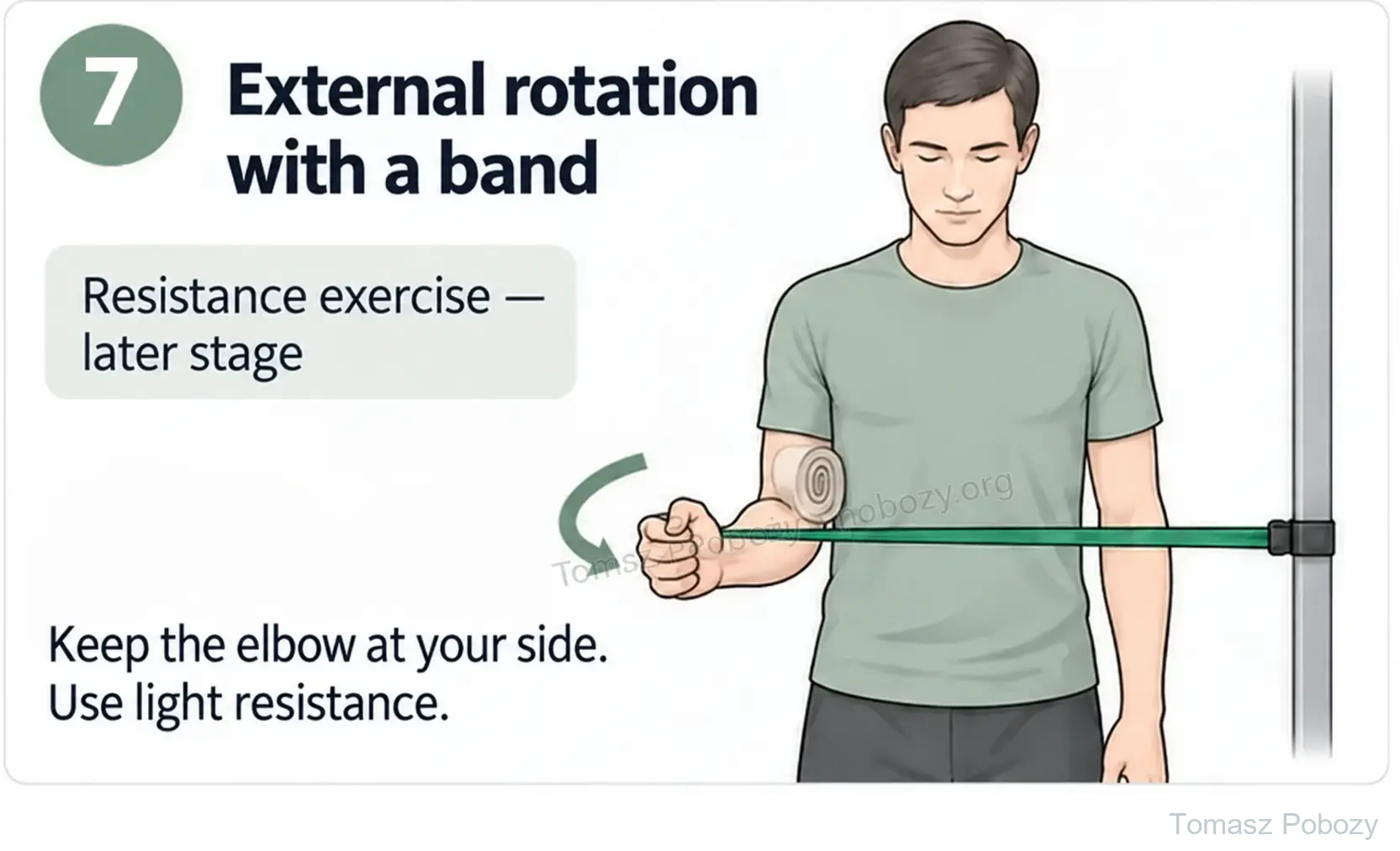 Postoperative rehabilitation: External rotation with a band, keeping the elbow at the side and using light resistance. Prepared by Tomasz Poboży — orthopaedic surgeon.