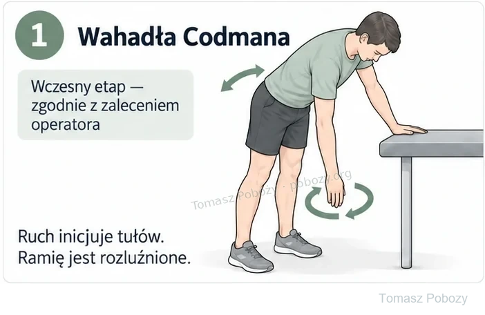 Rehabilitacja pooperacyjna: Pacjent pochylony z podparciem zdrowej ręki; operowana kończyna zwisa swobodnie. Opracował Tomasz Poboży — ortopeda.