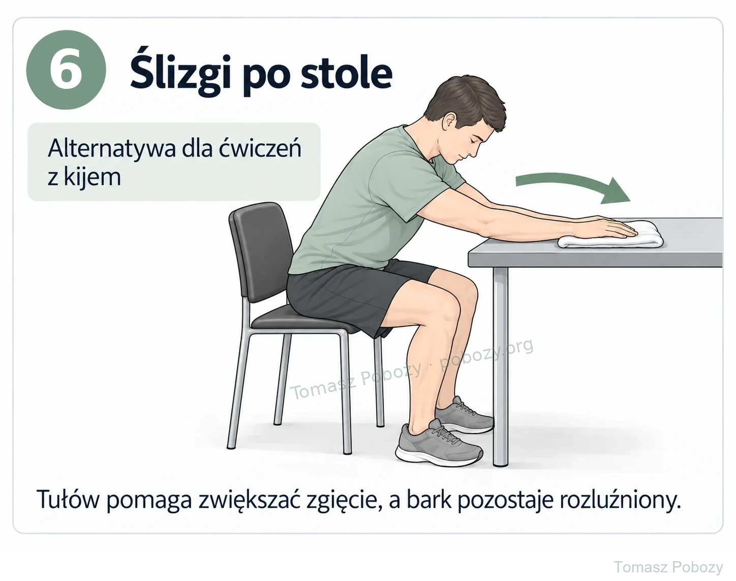 Rehabilitacja pooperacyjna: Pacjent siedzi przy stole i przesuwa podpartą kończynę po ręczniku. Opracował Tomasz Poboży — ortopeda.