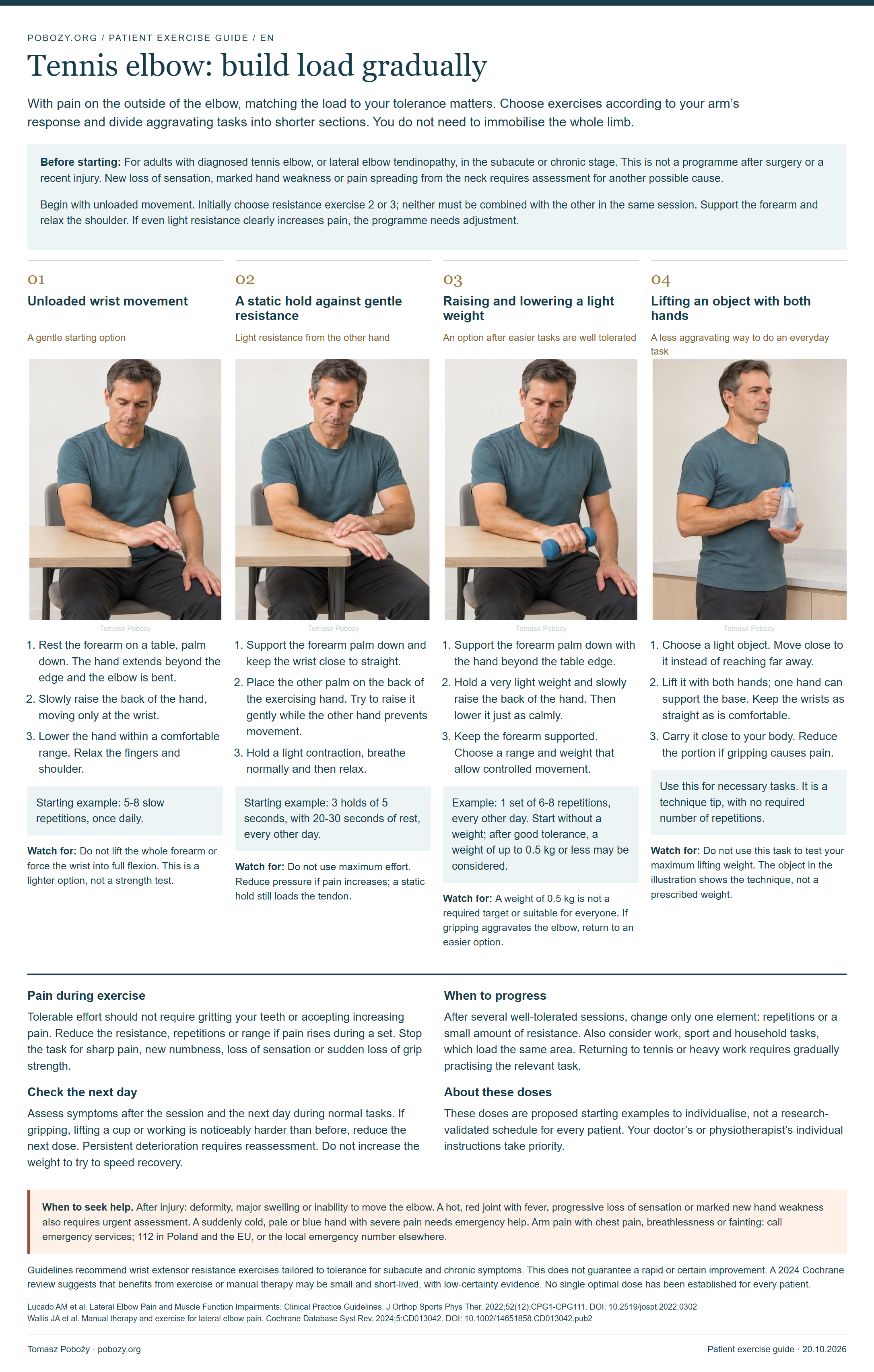 Illustrated exercise guide for Tennis elbow: build load gradually. Full text below.