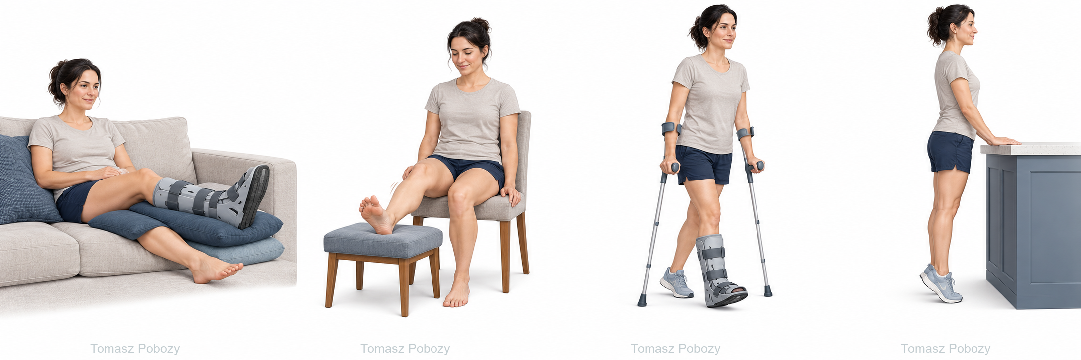 Positioning and swelling control — First to fourth metatarsal fractures — postoperative rehabilitation. Prepared by Tomasz Poboży — orthopaedic surgeon.