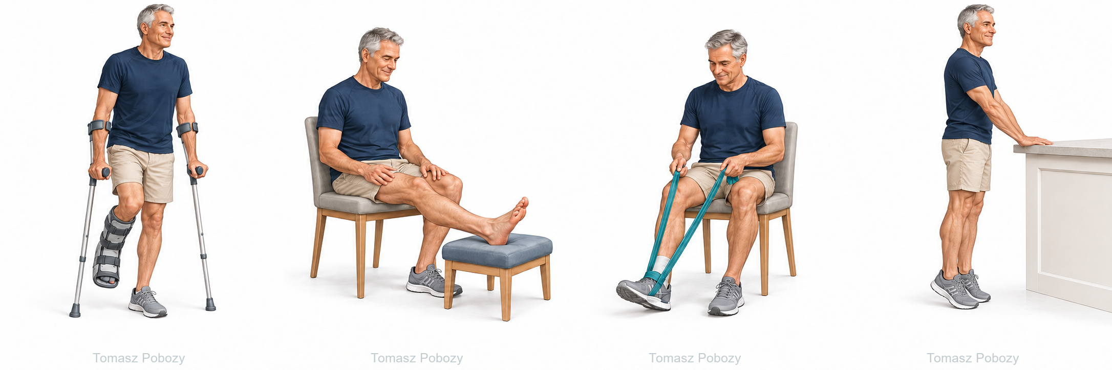 Non-weight-bearing mobility with two crutches — Lateral malleolus fracture with distal tibiofibular syndesmotic injury. Prepared by Tomasz Poboży — orthopaedic surgeon.