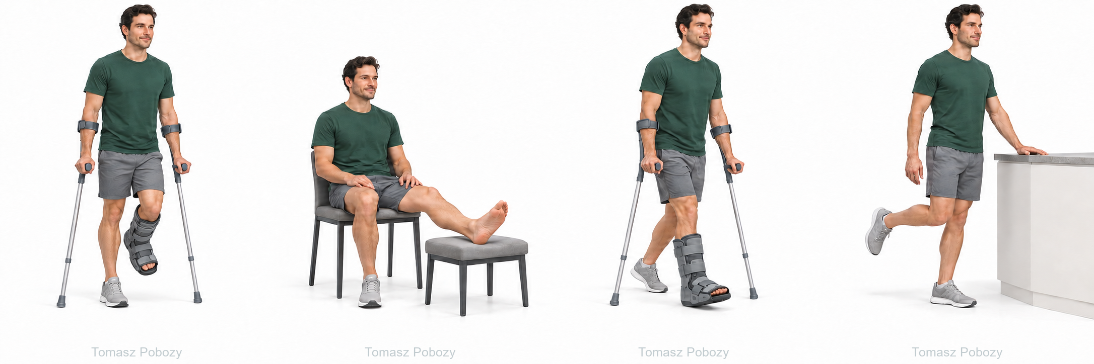 Non-weight-bearing mobility with two crutches — Fifth metatarsal fracture — postoperative rehabilitation. Prepared by Tomasz Poboży — orthopaedic surgeon.