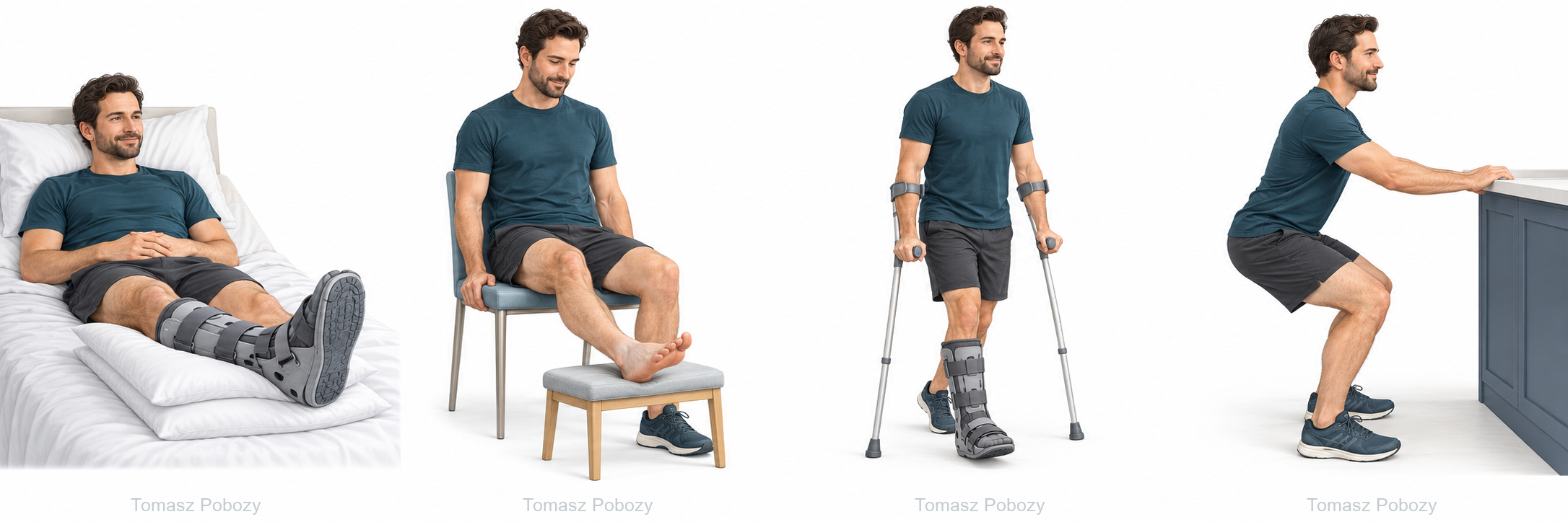 Positioning and swelling control — Trimalleolar ankle fracture — postoperative rehabilitation. Prepared by Tomasz Poboży — orthopaedic surgeon.
